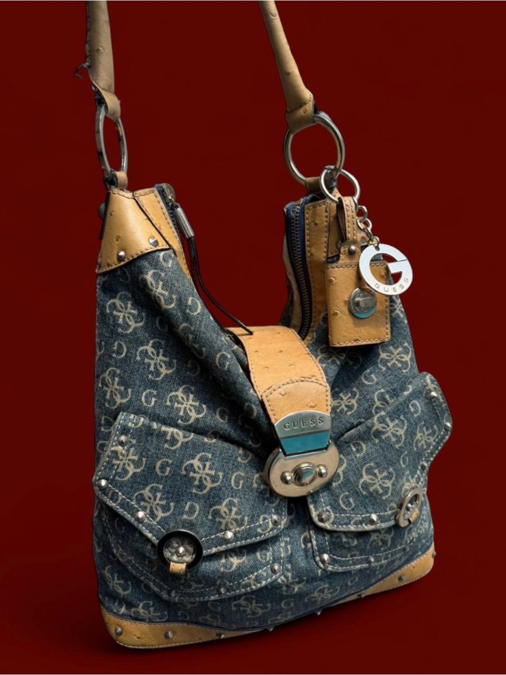 GUESS Denim Monogram Hobo with Tan Leather Trim